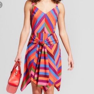 Pink Rainbow Striped Asymmetrical Mini Dress, Tie Waist